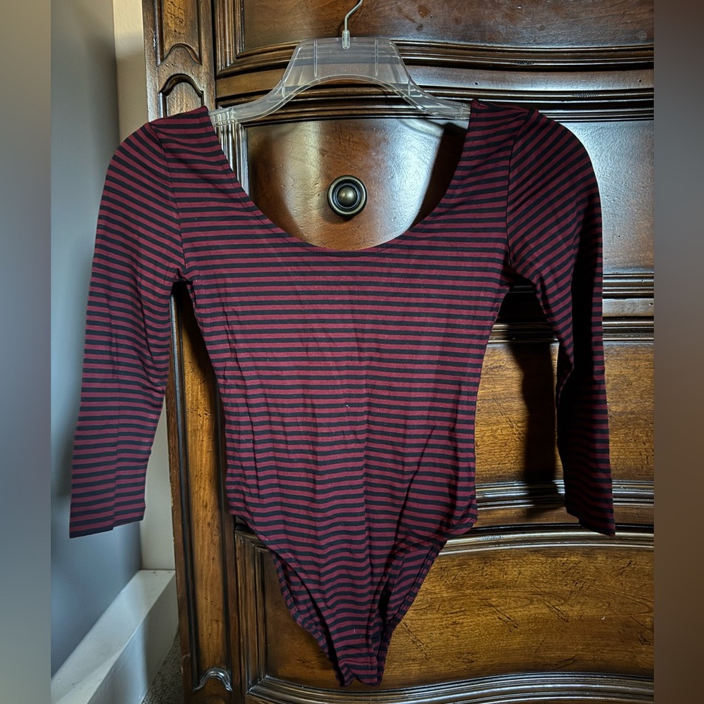 Forever 21 Burgundy and Black Striped Bodysuit